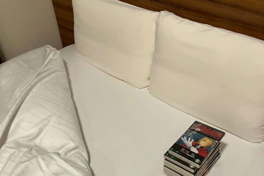 客室のベッドで漫画を読みながらゴロゴロする
