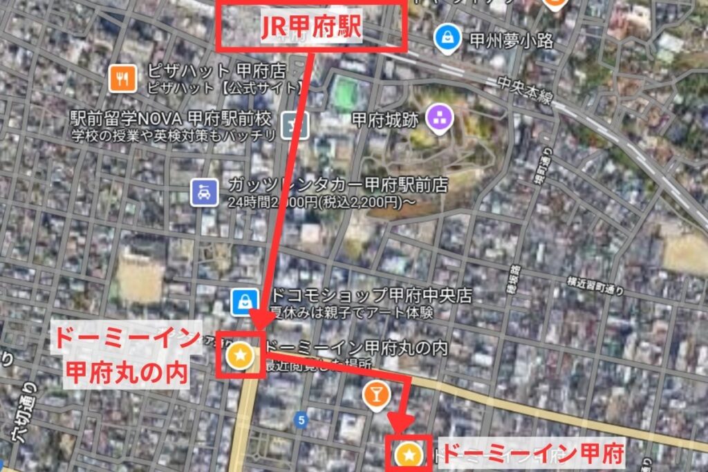 JR甲府駅から甲府にあるドーミーインまでの経路