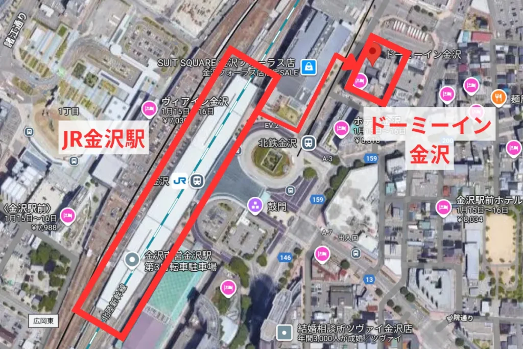 JR金沢駅からドーミーイン金沢までのアクセス