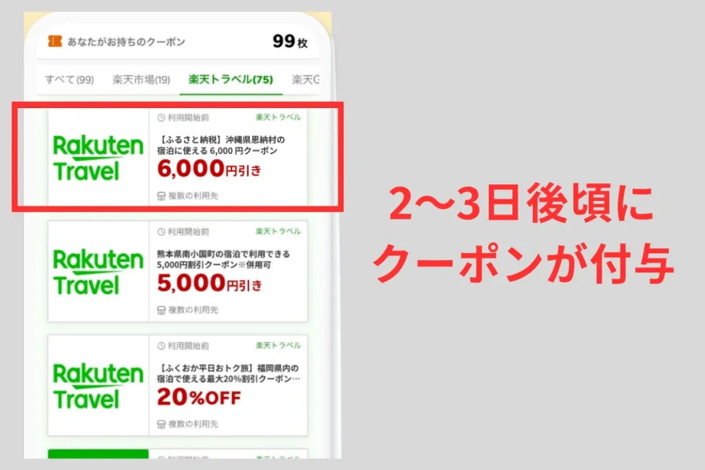2～3日後に楽天トラベルのふるさと納税クーポンが付与される