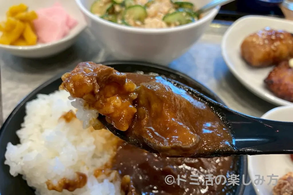 ドーミーイン宮崎の朝食バイキングで食べたはみやざきハーブ牛カレーをスプーンで食べる場面