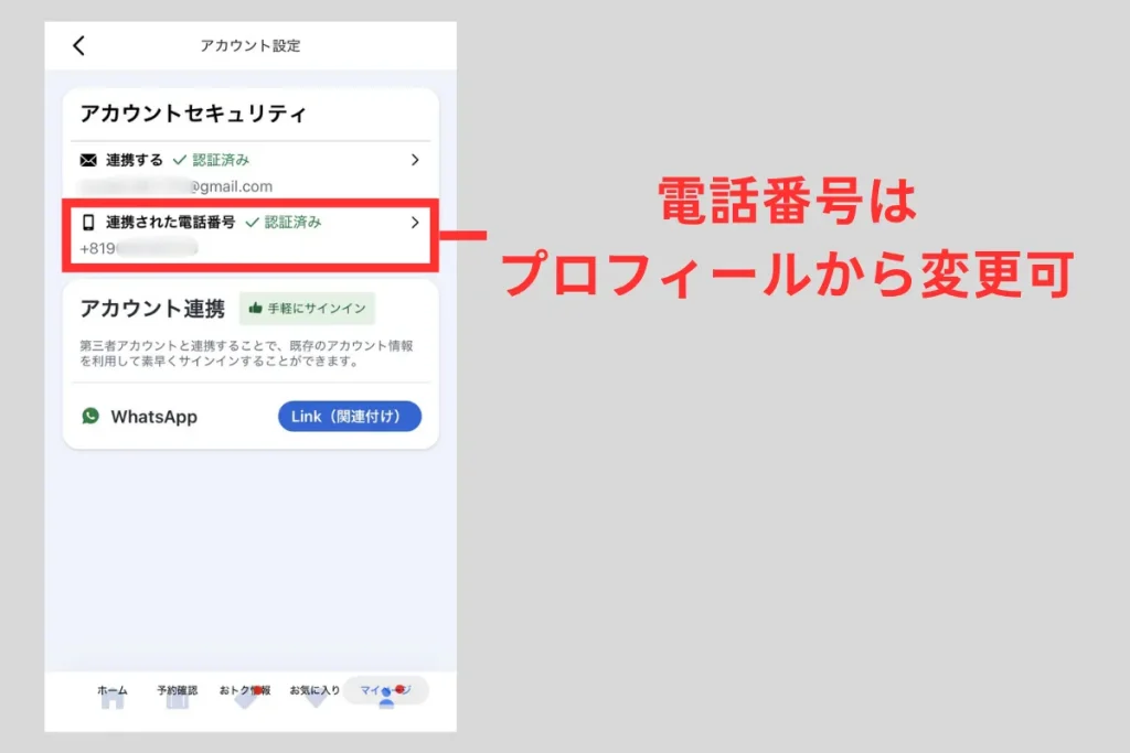 Agodaのプロフィールに登録されている電話番号