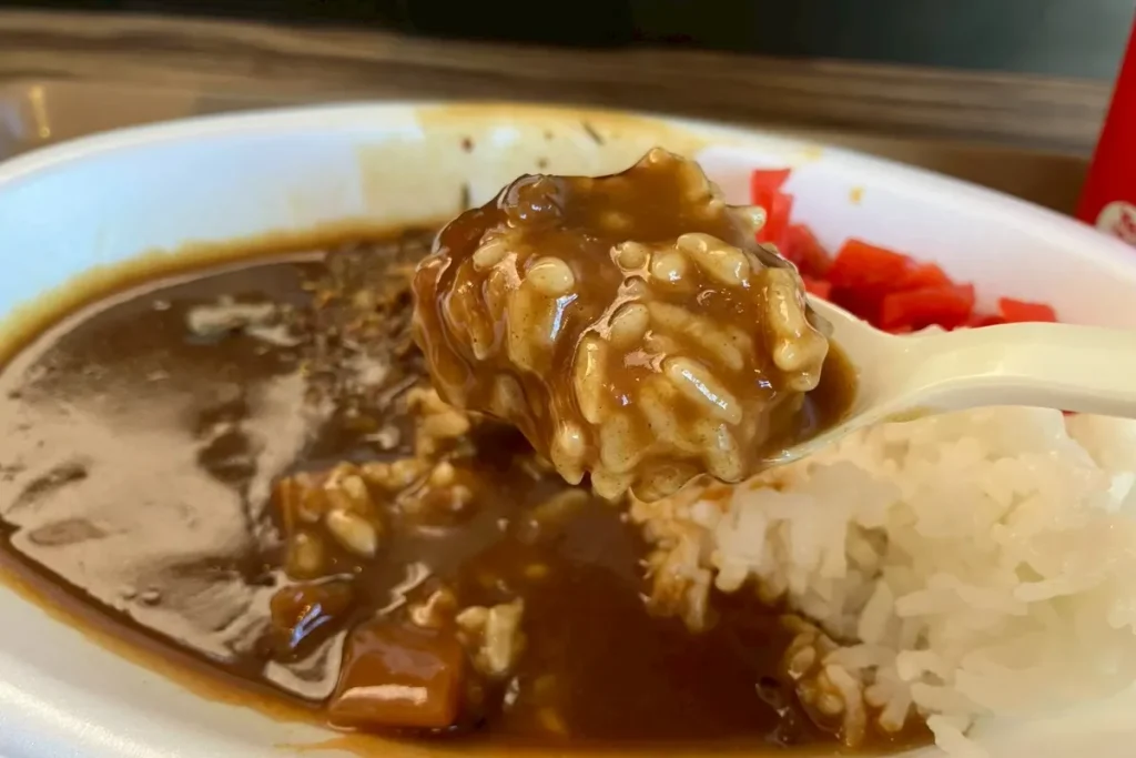 安心お宿の朝ごはんのカレーをすくって食べるところ