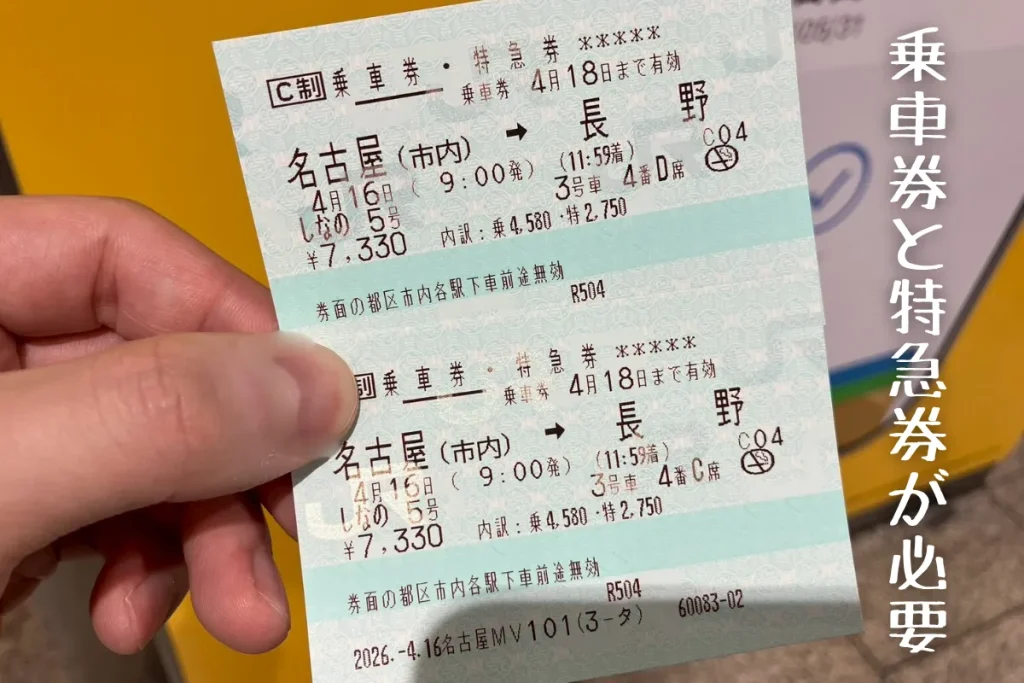 特急しなのの乗車券と特急券がセットになった指定席の切符