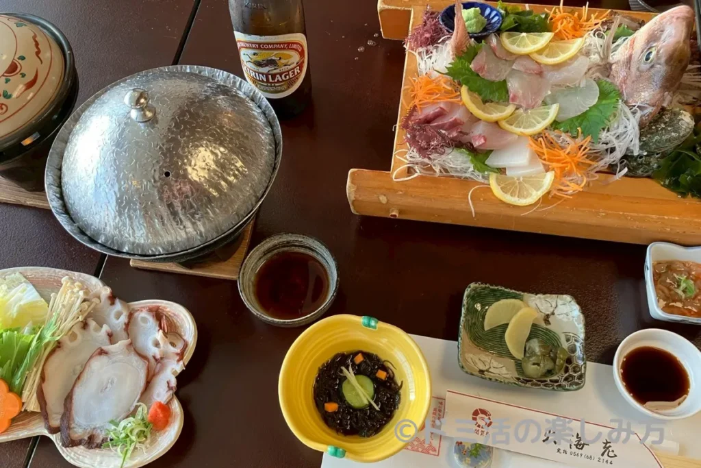 大海老の夕食で食べたお刺身の盛り合わせやたこしゃぶの写真