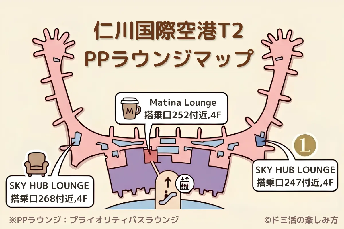 仁川国際空港T2のMatina Lounge（マティーナラウンジ）の場所を示すフロアマップの概略図