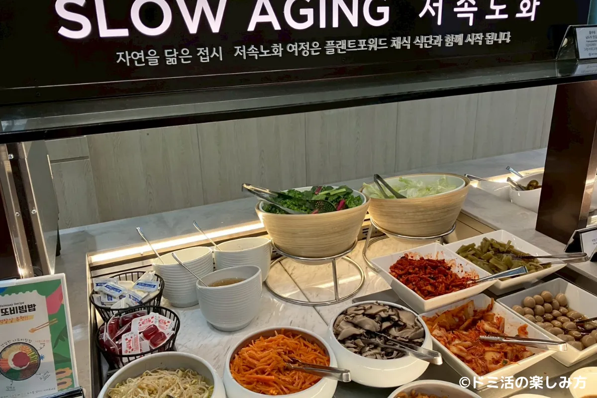 仁川国際空港T2のSKY HUB LOUNGE（スカイハブラウンジ）の副菜・セルフビビンバの具材の写真