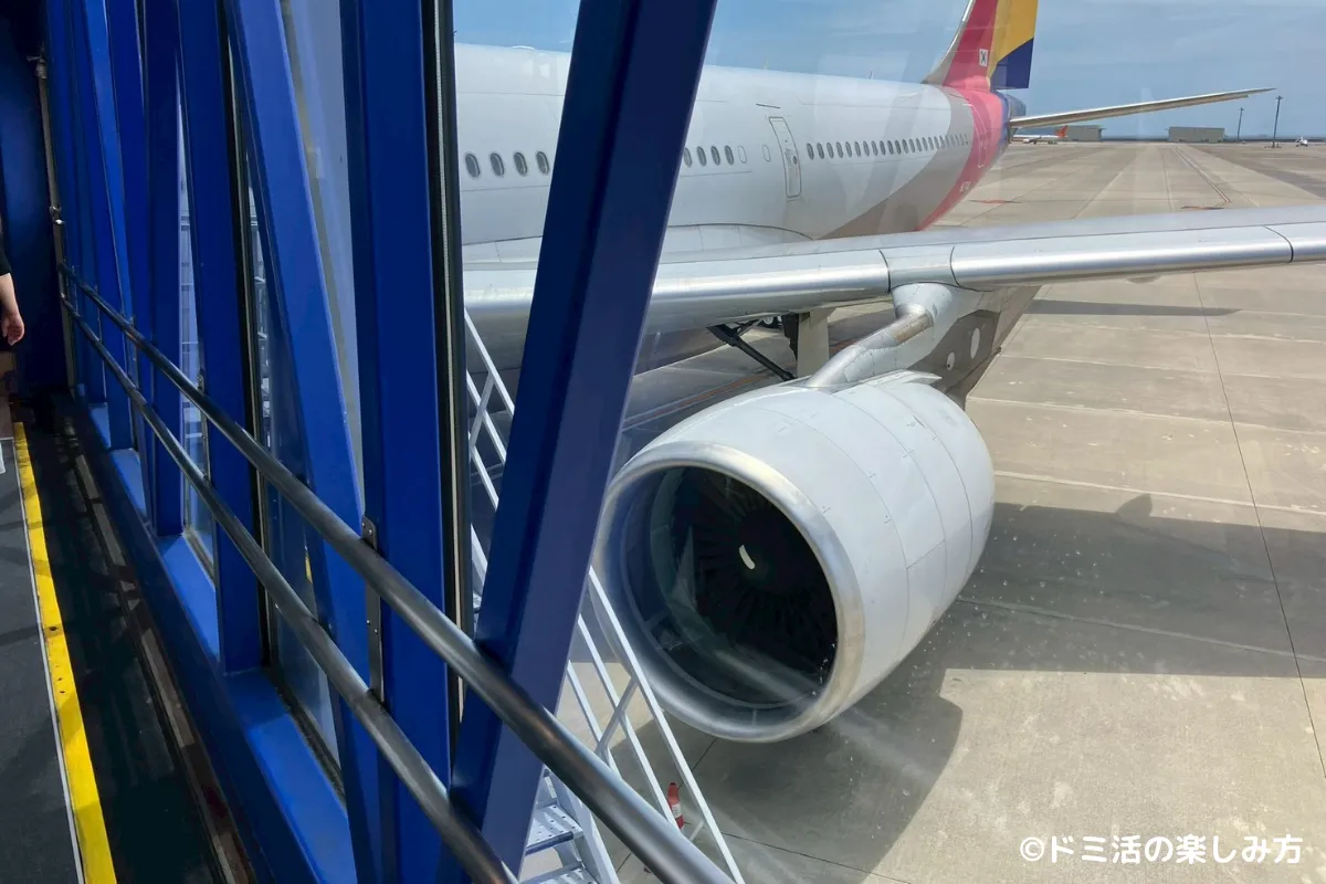 中部国際空港のアシアナ航空の搭乗口通過後の飛行機までの通路の写真