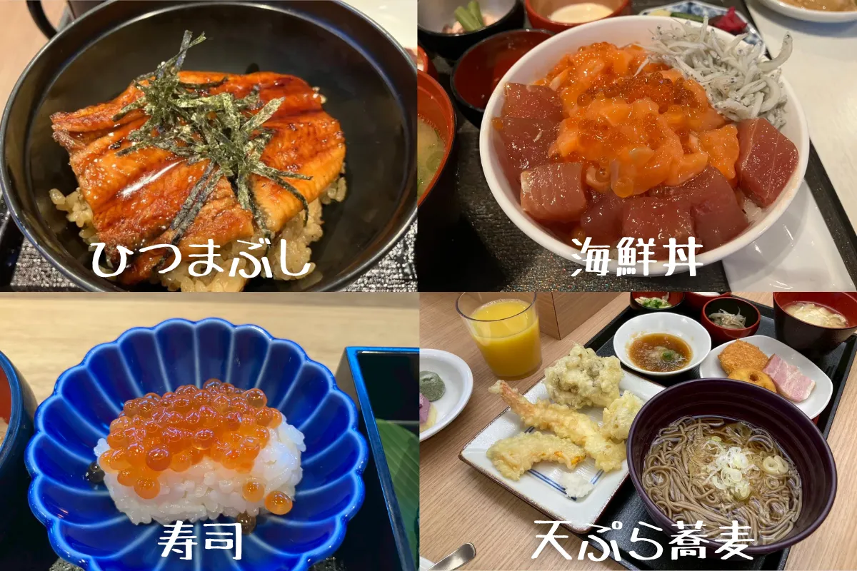 ドーミーインのご当地朝食（ひつまぶし・海鮮丼・寿司・天ぷら蕎麦）の写真