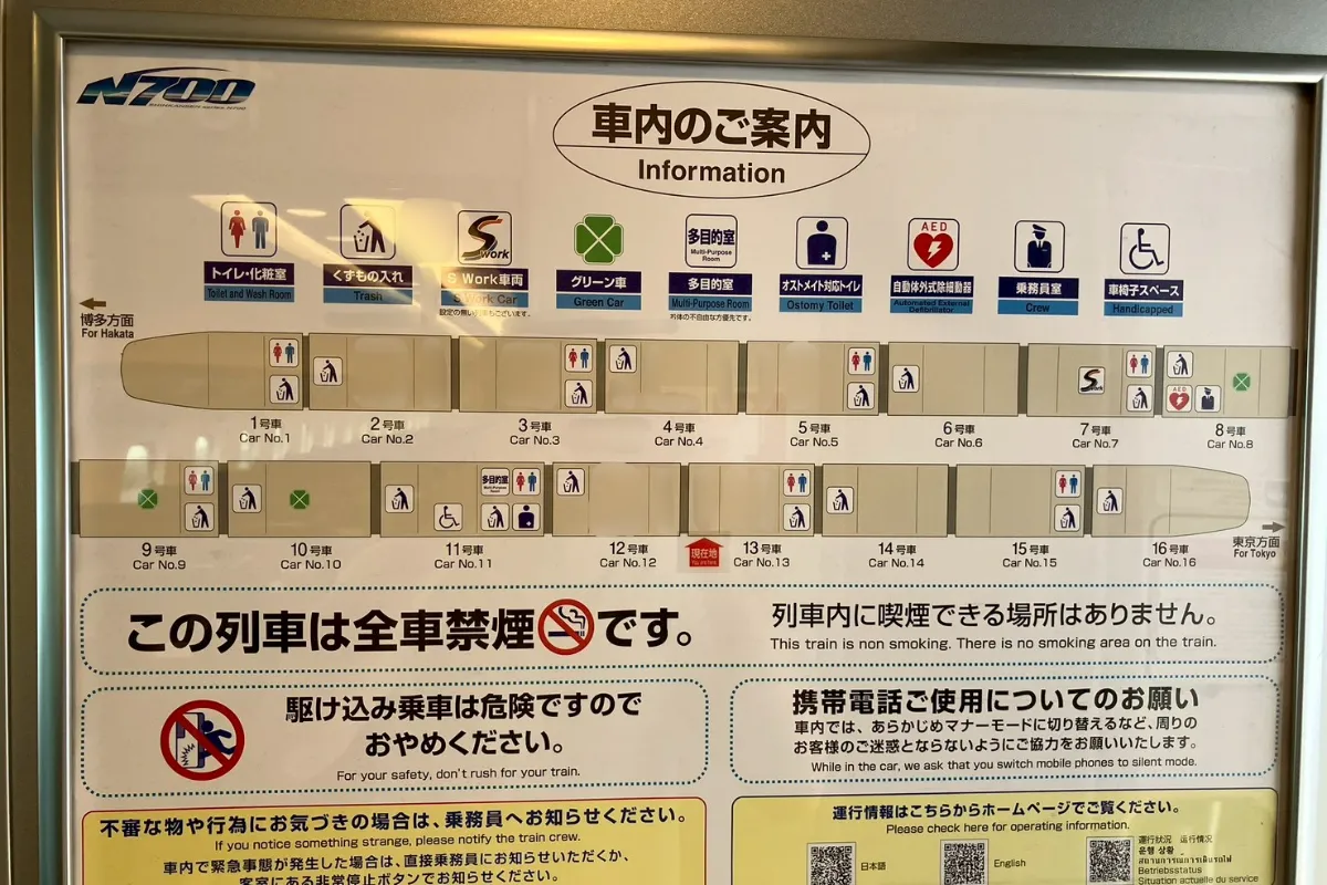 ぷらっとこだまで乗る新幹線こだま号の車内案内の写真